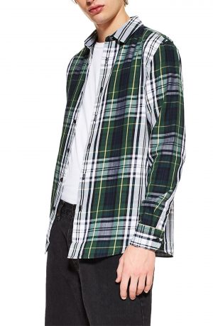Men's Topman Tartan Slim Fit Sport Shirt, Size Large - Green Men's Topman Tartan Slim Fit Sport Shirt, Size Large - Green