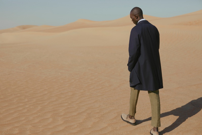 The Trench: Armando Cabral models a Mr P. shirt, Boglioli trousers, and Brunello Cucinelli suede derby shoes.