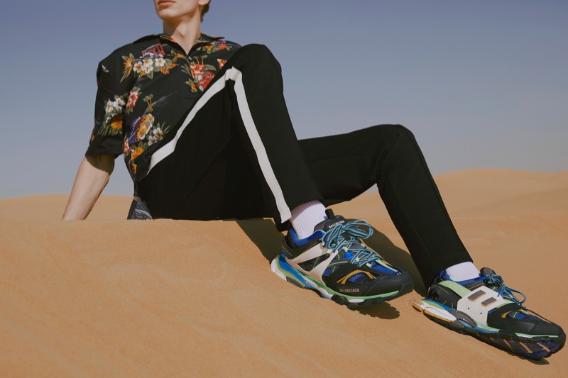 Trail Sneaker: Rhude oversized camp-collar printed shirt and sweatpants with Balenciaga sneakers.