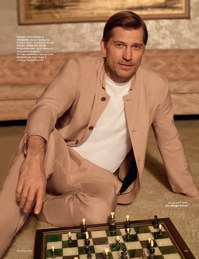 Embracing neutrals, Nikolaj Coster-Waldau wears Giorgio Armani.