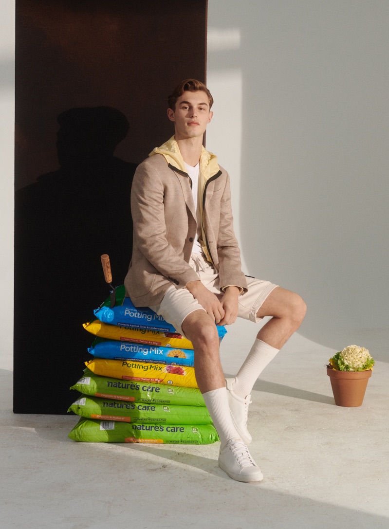 Kit Butler dons Stone Island with Nike sneakers for Nordstrom's spring 2019 campaign.