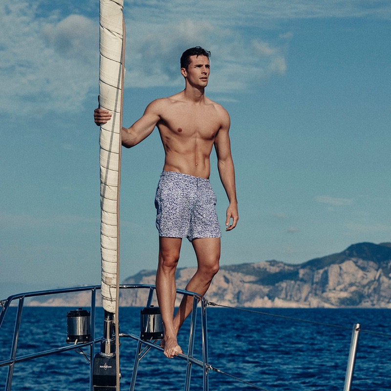British model Edward Wilding wears Orlebar Brown swim shorts.