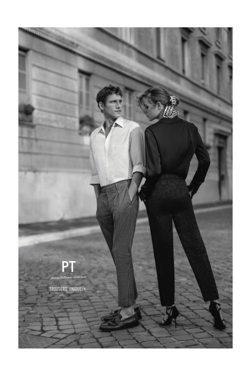 Roch Barbot and Lisa Fratani appear in PT Pantaloni Torino's spring-summer 2019 campaign.