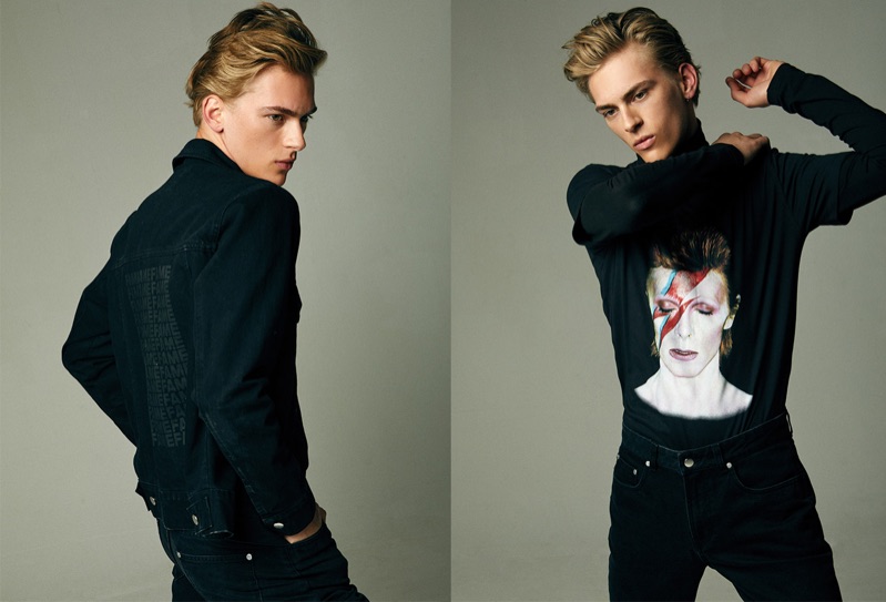 Wearing a David Bowie top, Dominik Sadoch stars in a lookbook for Reserved's limited "Heroes" collection.