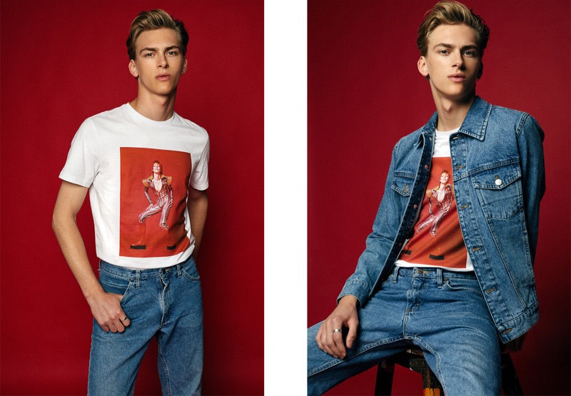 Dominik Sadoch sports a denim look from Reserved's David Bowie-inspired collection.