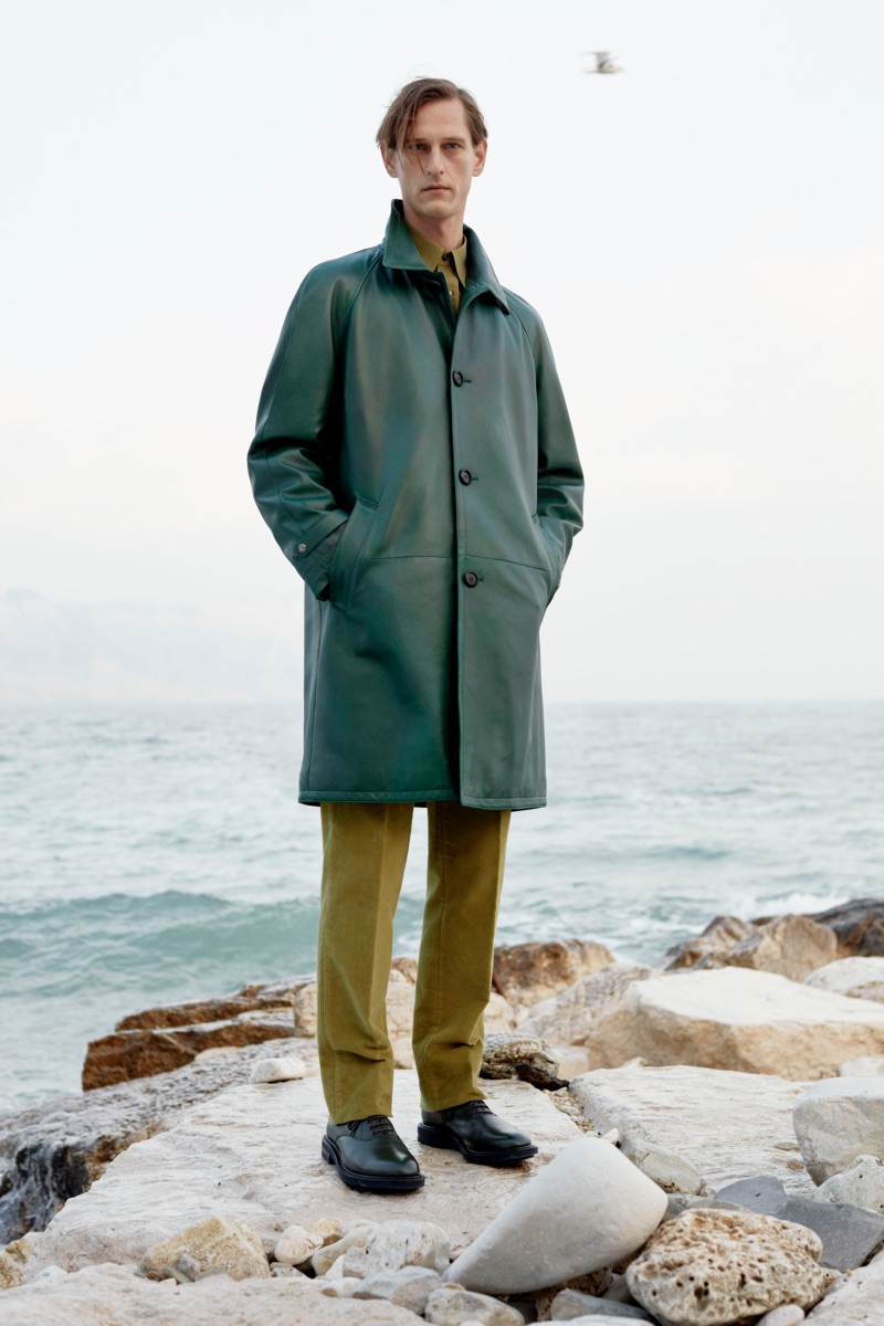 Embracing autumnal tones, Rogier Bosschaart wears a look from Salvatore Ferragamo's pre-fall 2019 collection.