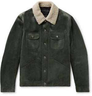 TOM FORD - Shearling-Trimmed Suede Down Trucker Jacket - Men - Gray green TOM FORD - Shearling-Trimmed Suede Down Trucker Jacket - Men - Gray green