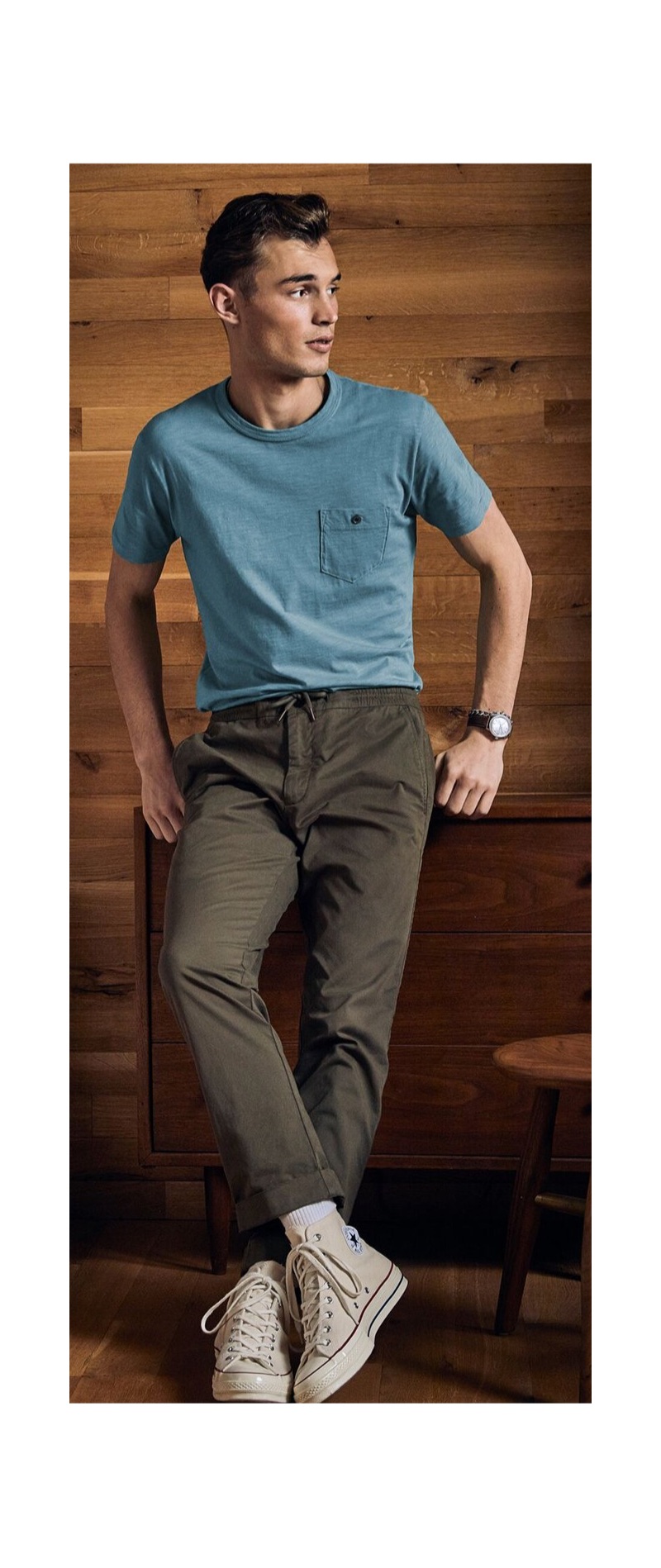 Going casual, Kit Butler wears a Todd Snyder Made in L.A. garment dyed t-shirt with drawstring pants.