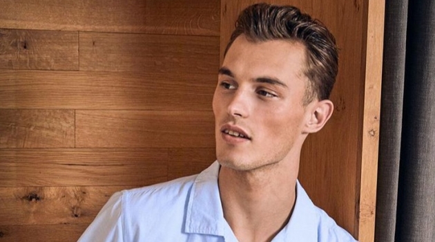 Kit Butler Sports Todd Snyder Spring '19 Essentials Embracing a retro attitude, Kit Butler models Todd Snyder's short-sleeve engineered Cabana stripe shirt.