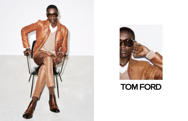 Sharif Idris dons a buttery soft leather jacket for Tom Ford's spring-summer 2019 campaign.