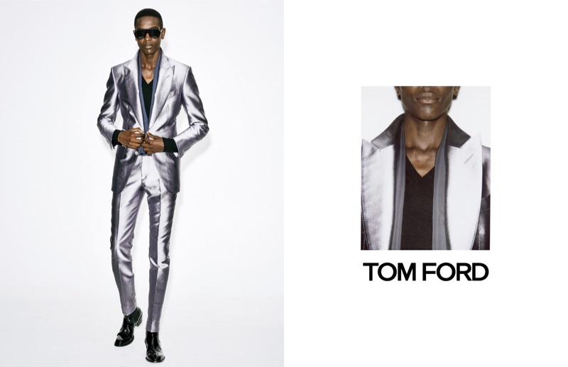 Model Sharif Idris makes a metallic statement in a sharp suit for Tom Ford's spring-summer 2019 campaign.