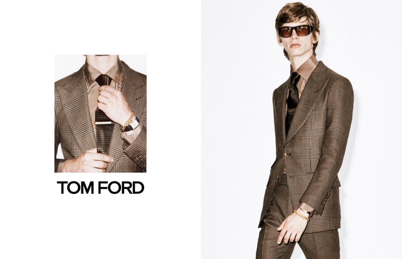 Erik Van Gils dons a brown suit for Tom Ford's spring-summer 2019 campaign.