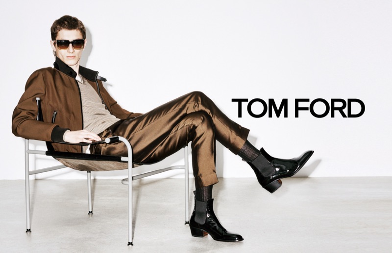 Taking a seat, Henry Kitcher appears in Tom Ford's spring-summer 2019 campaign.