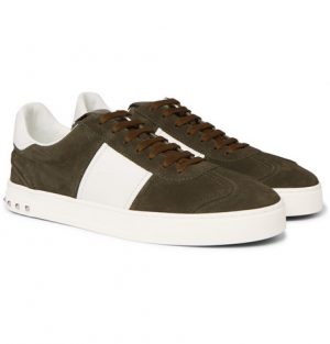 Valentino - Valentino Garavani Flycrew Leather-Panelled Suede Sneakers - Men - Army green Valentino - Valentino Garavani Flycrew Leather-Panelled Suede Sneakers - Men - Army green
