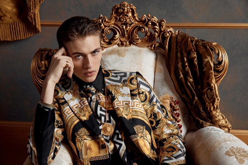 American model Lucky Blue Smith fronts the campaign for the Kith x Versace collection.