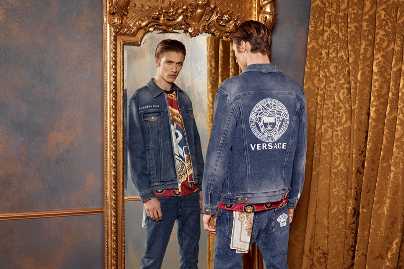 Clad in denim, Lucky Blue Smith wears Kith x Versace.