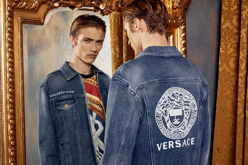 Lucky Blue Smith sports a denim look from the Kith x Versace collection.