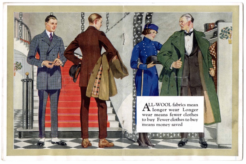 Suits with broad shoulders and pinched waists made for a sartorial impression from Hart, Schaffner, and Marx Clothing Company at The Wm H. Block Company. 