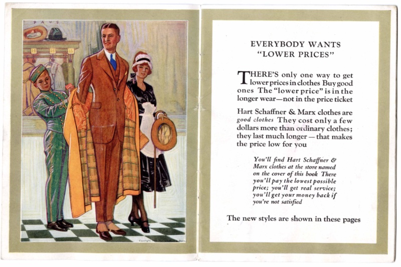 Fashionable pages from a 1920s catalog featuring Hart, Schaffner, and Marx Clothing Company menswear sold at The Wm H. Block Company in Indianapolis, Indiana.
