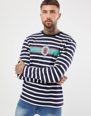 ASOS DESIGN relaxed heavyweight long sleeve striped t-shirt with emblem print - Multi ASOS DESIGN relaxed heavyweight long sleeve striped t-shirt with emblem print - Multi