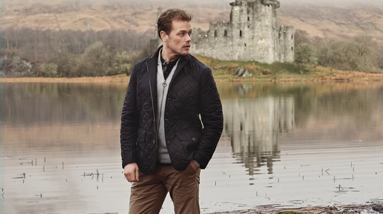 Sam Heughan dons a look from Barbour's spring-summer 2019 Steel Tartan collection.