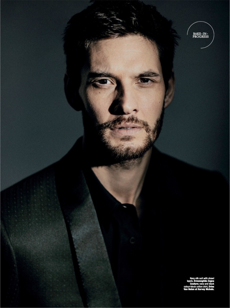 Ben Barnes dons a silk suit jacket by Ermenegildo Zegna Couture with a Dries Van Noten shirt.