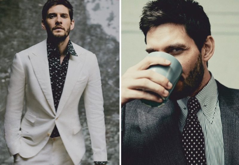 Left: Ben Barnes wears a white linen suit by Ralph Lauren Purple Label with a Marol shirt. Right: Barnes dons a brown Edward Sexton suit jacket and shirt with an Emma Willis tie.