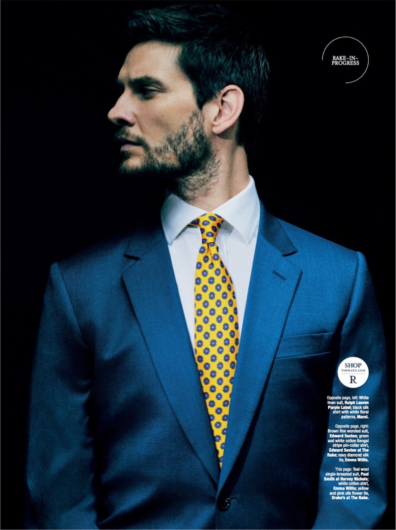 Actor Ben Barnes wears a teal Paul Smith suit jacket with an Emma Willis shirt and Drake's tie.