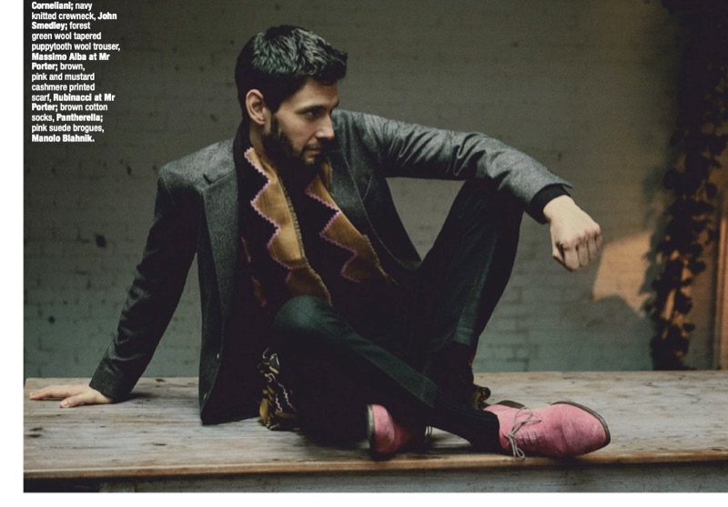 Connecting with The Rake, Ben Barnes sports a Corneliani jacket, John Smedley sweater, and Massimo Alba trousers. He also wears a Rubinacci scarf and pink suede brogues by Manolo Blahnik. » Ben Barnes Goes Sartorial for The Rake, Talks 'Gold Digger' Connecting with The Rake, Ben Barnes sports a Corneliani jacket, John Smedley sweater, and Massimo Alba trousers. He also wears a Rubinacci scarf and pink suede brogues by Manolo Blahnik.