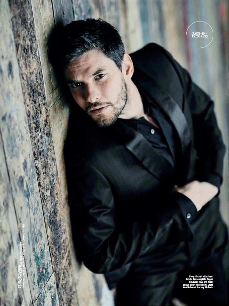 Starring in a photo shoot, Ben Barnes dons a silk suit by Ermenegildo Zegna Couture with a Dries Van Noten shirt.