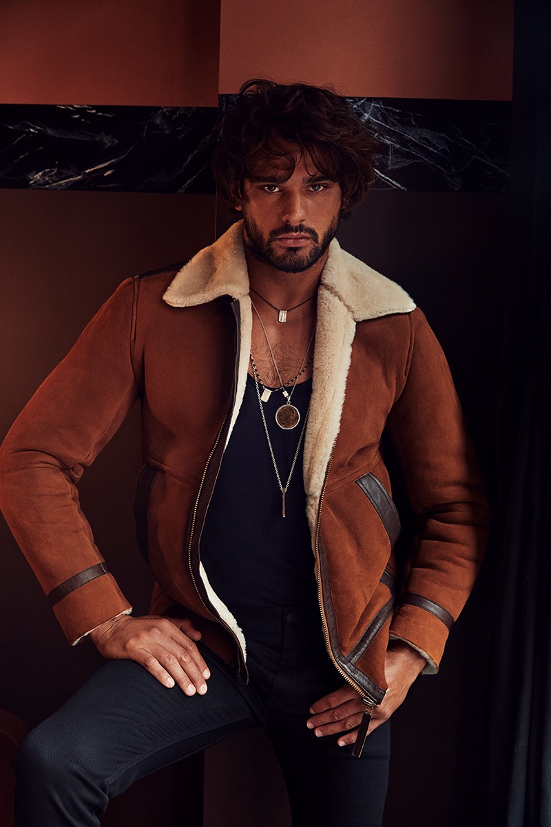 Model Marlon Teixeira sports a shearling jacket for Calibre's fall-winter 2019 campaign.