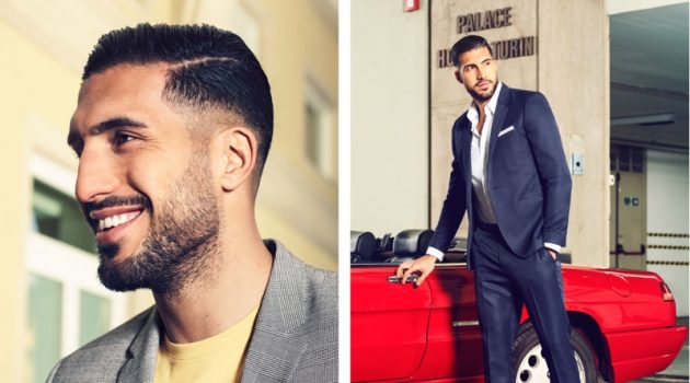 Emre Can Dons a Smart Wardrobe for H&M Left: Emre Can wears a H&M premium cotton t-shirt and skinny fit blazer. Right: Can sports a H&M slim-fit easy-iron shirt with a skinny-fit blazer and suit pants in dark blue mélange.