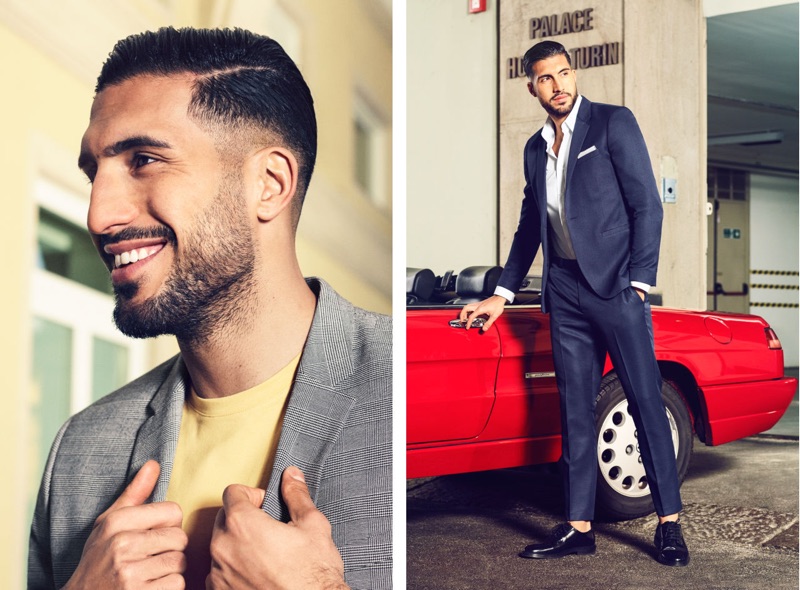 Left: Emre Can wears a H&M premium cotton t-shirt and skinny fit blazer. Right: Can sports a H&M slim-fit easy-iron shirt with a skinny-fit blazer and suit pants in dark blue mélange.