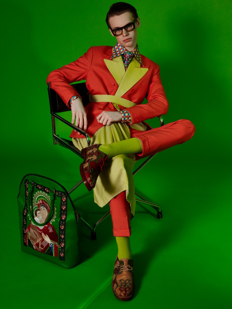 A colorful dandy, James wears Helen Anthony.