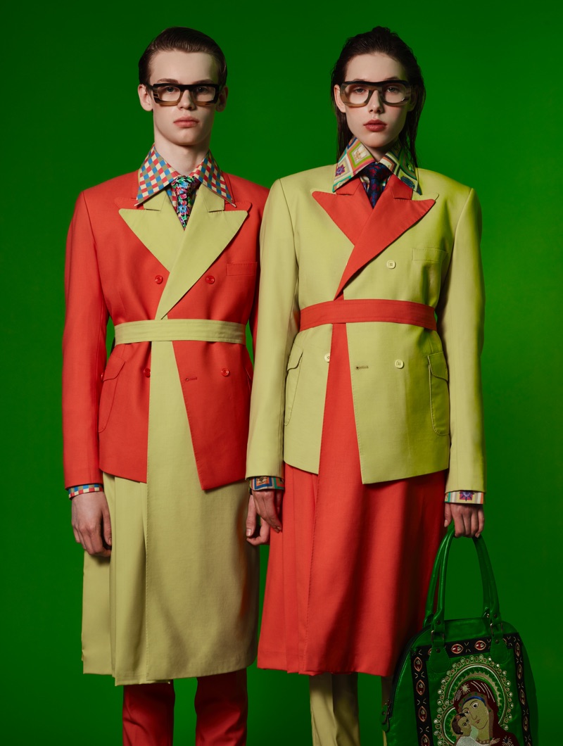 Models James and Zuzanka sport colorblocked looks from Helen Anthony.