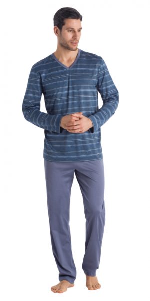 HANRO (75721) Linus Long Sleeve Pajama - Small Blue Stripe XL HANRO (75721) Linus Long Sleeve Pajama - Small Blue Stripe XL