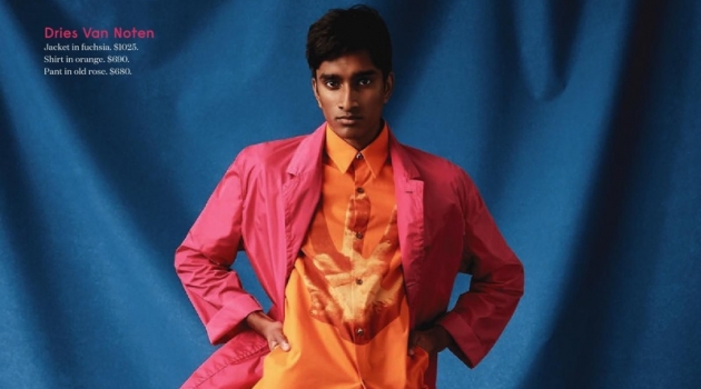 Jeenu Mahadevan & Oliver Houlby Make a Splash in Spring Outerwear for Holt Renfrew Embracing color, Jeenu Mahadevan wears a spring look from Dries Van Noten.