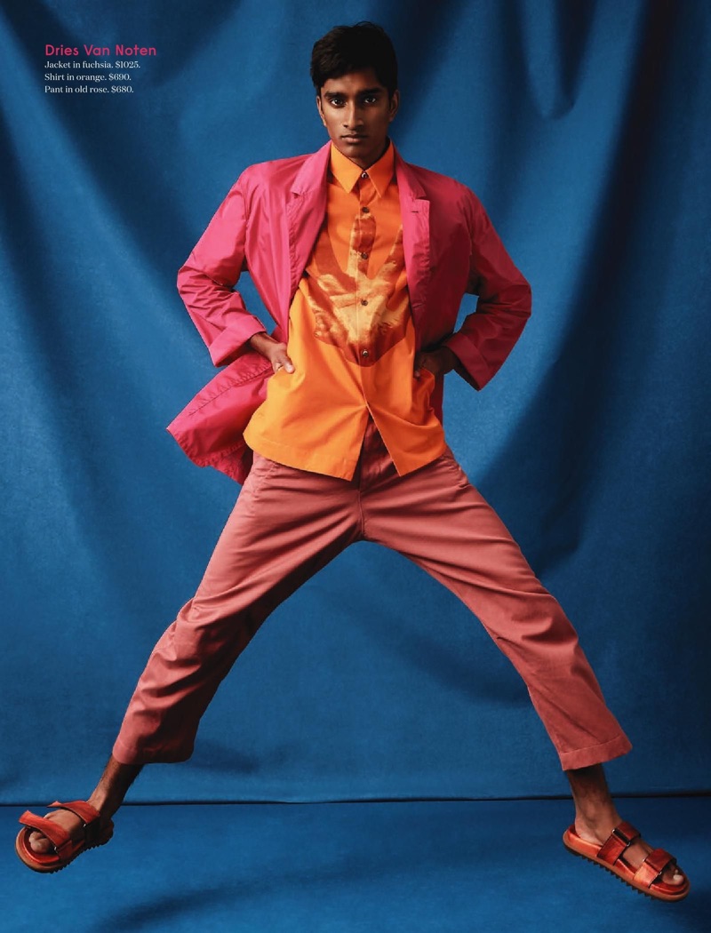 Embracing color, Jeenu Mahadevan wears a spring look from Dries Van Noten.