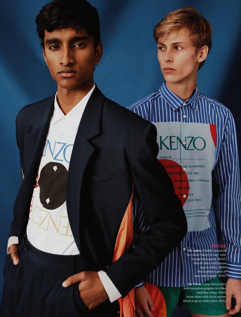 Models Jeenu Mahadevan and Oliver Houlby sport Kenzo.