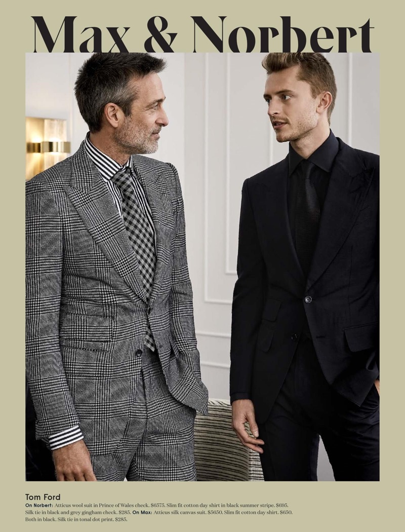 Models Norbert Michalke and Max Rendell don sharp suits by Tom Ford.