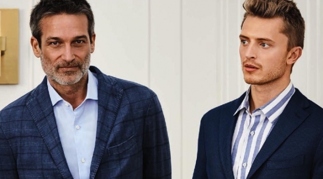 Max Rendell & Norbert Michalke Don Sharp Suits for Holt Renfrew Connecting with Holt Renfrew, models Norbert Michalke and Max Rendell wear Boglioli.
