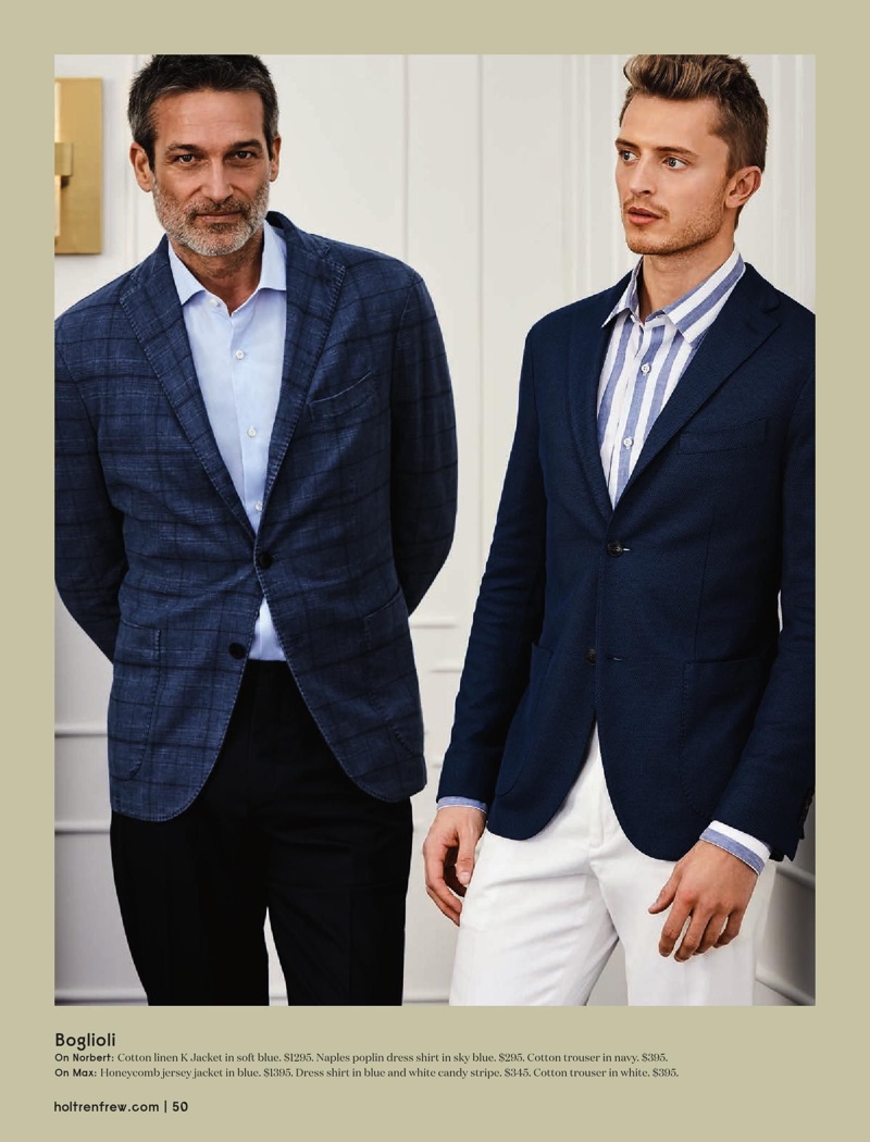 Connecting with Holt Renfrew, models Norbert Michalke and Max Rendell wear Boglioli.