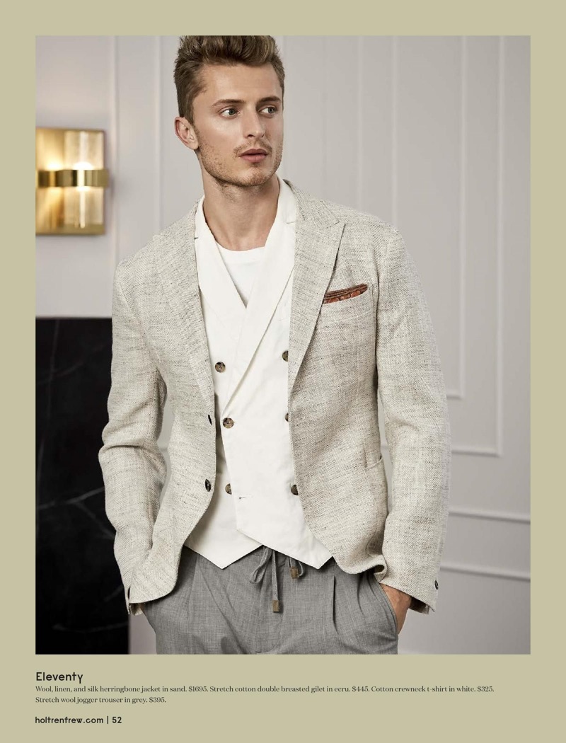 Embracing neutrals, Max Rendell sports Eleventy.