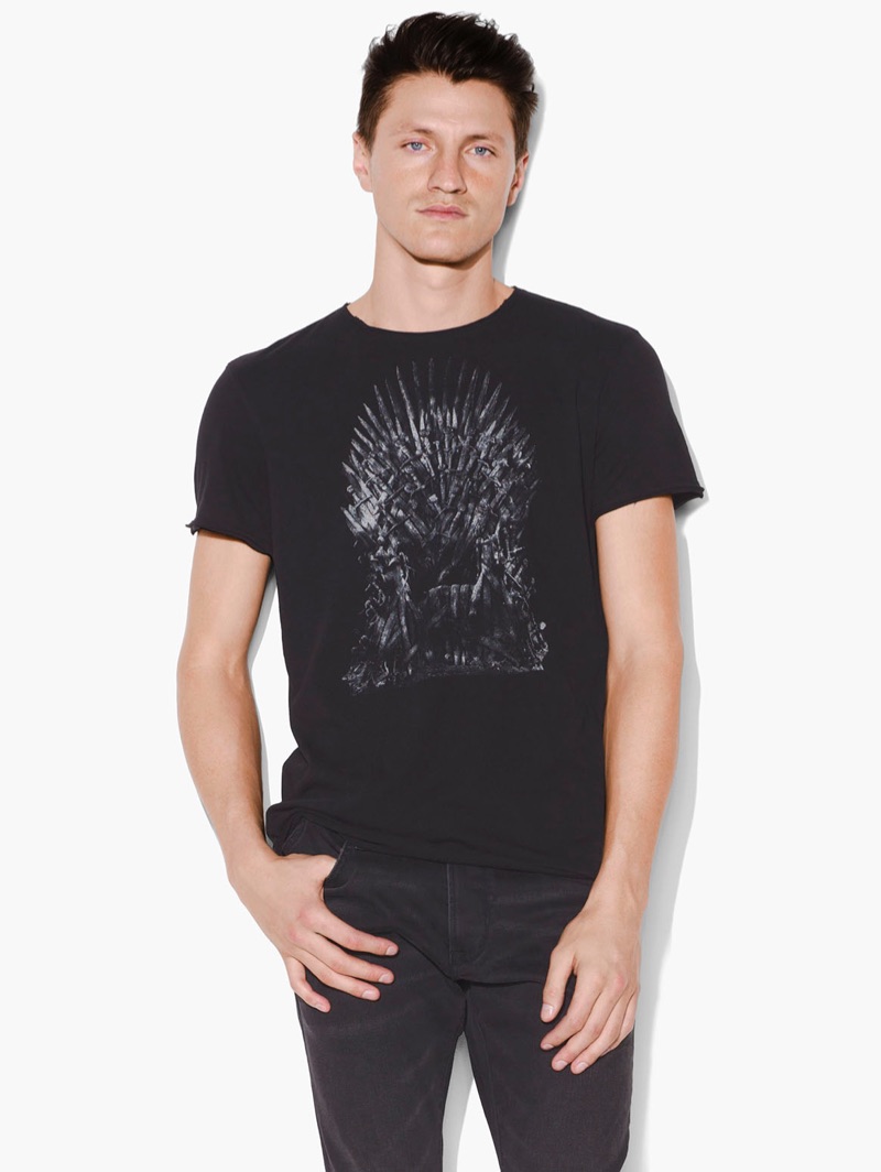 Eli Hall sports The Iron Throne Tee from the John Varvatos x Game of Thrones collection.