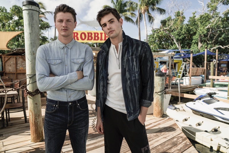 Doubling down on denim, Eli Hall and Gordon Winarick wear John Varvatos Star USA.