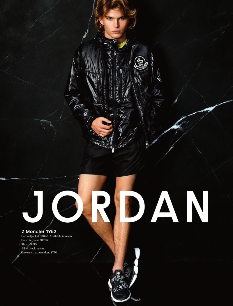 Clad in black, Jordan Barrett wears a spring-summer 2019 look from 2 Moncler 1952.