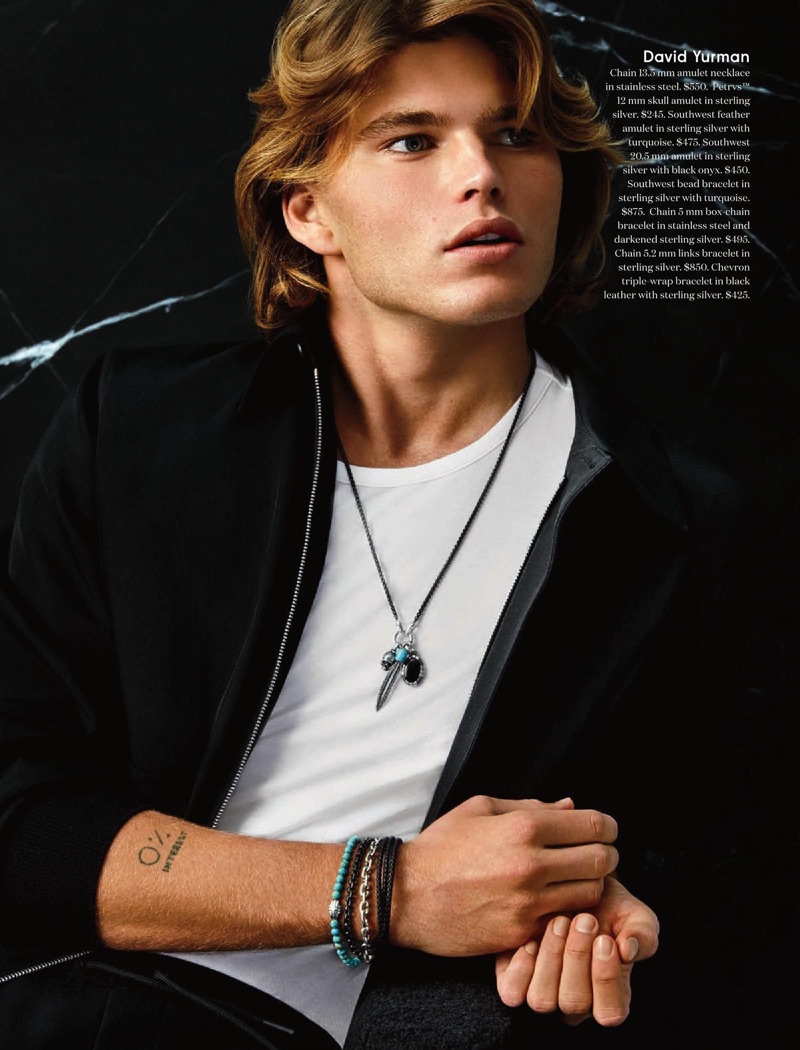 Showcasing accessories, Jordan Barrett sports David Yurman.