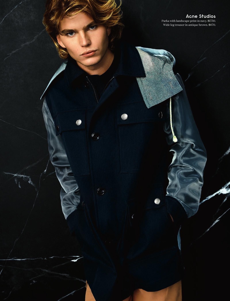 Front and center, Jordan Barrett sports a parka and wide-leg trousers by Acne Studios.