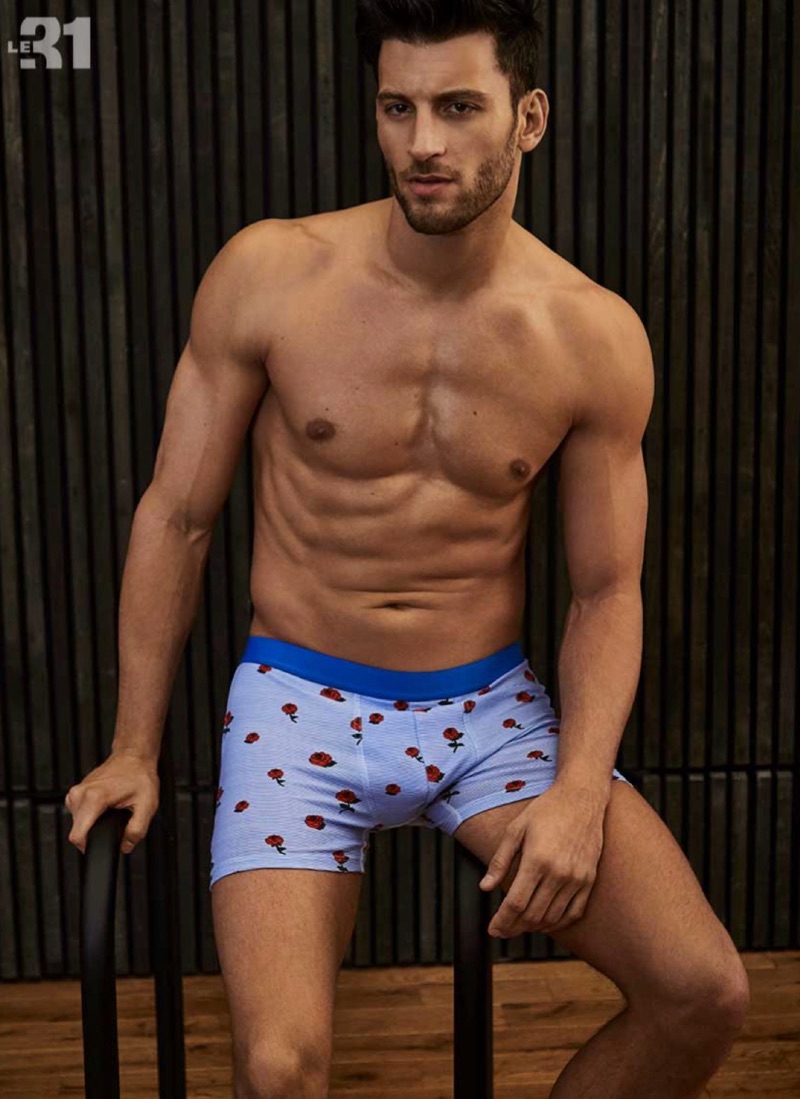 Portuguese model Kevin Sampaio dons rose print boxer briefs by Simons brand LE 31.