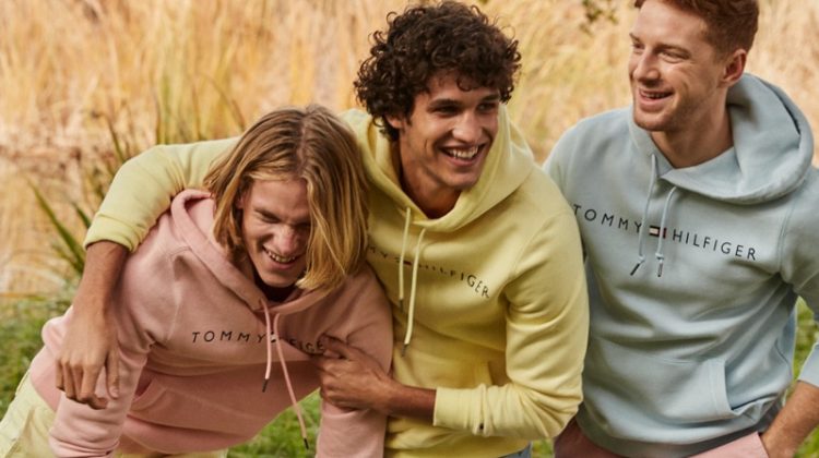 Hunter Bach, Francisco Henriques, and Race Imboden sport pastel hued hoodies from Tommy Hilfiger.